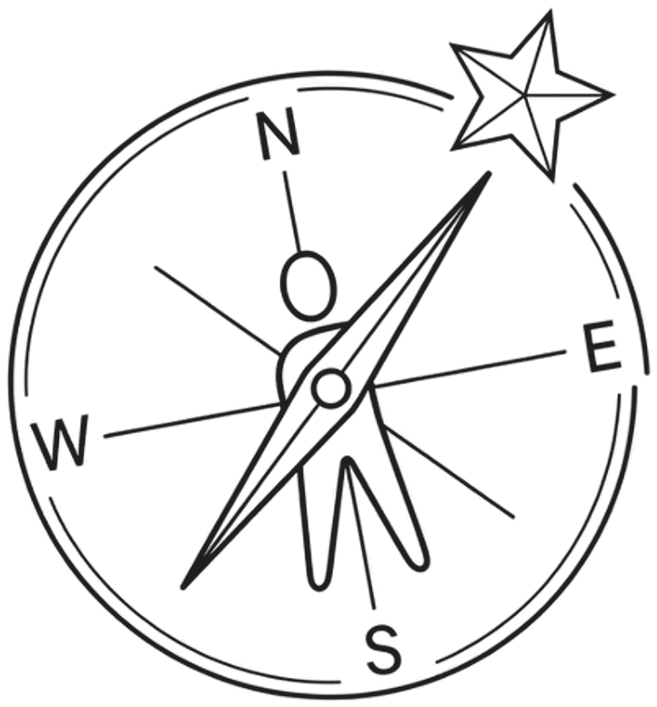The AI Leadership Compass mark: a compass rose, its needle drawn as a standing figure, aimed at a star